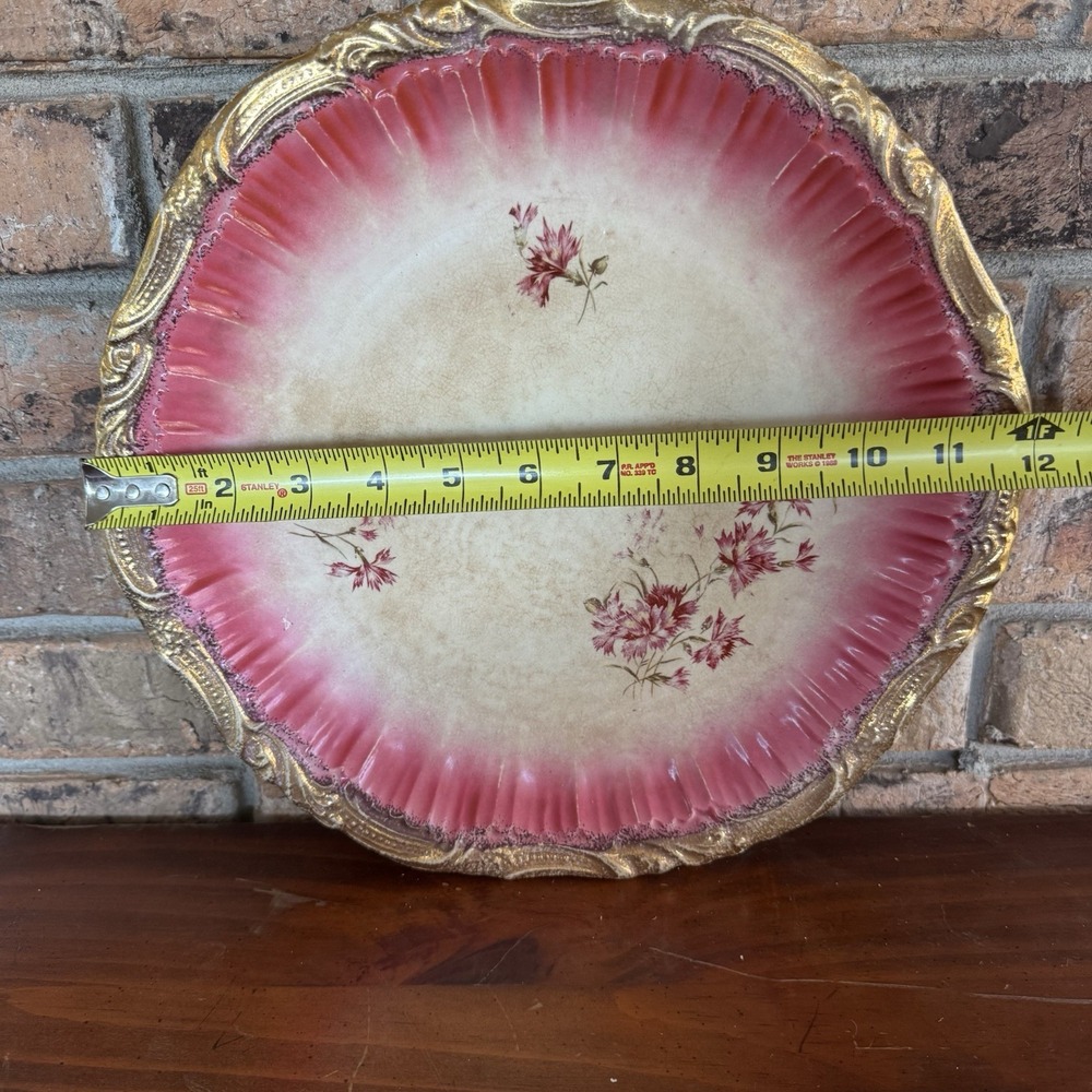 Antique Pink Floral Plate Gold Gilt Rim Victorian Art Nouveau Charger - Picture 8 of 8